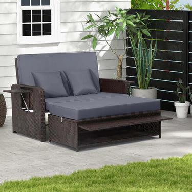 Patio Rattan Loveseat Set Daybed Lounge Storage Ottoman Side Tables Adjust Gray